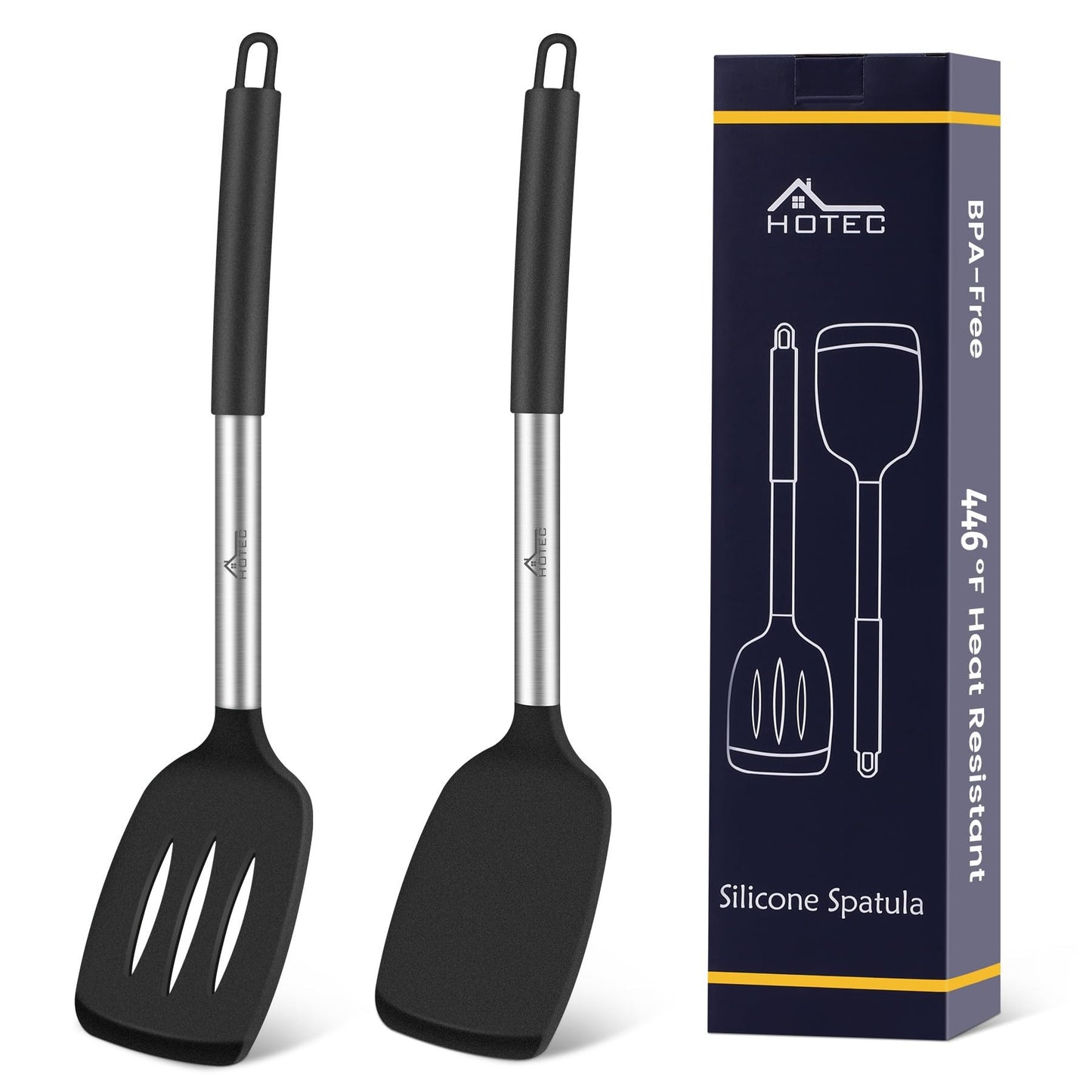 HOTEC Silicone Spatula Set of 2 Heat-Resistant 600°F & BPA-Free Kitchen SaptulaTurner with Stainless Steel Handles, Slotted & Solid Spatulas for Nonstick Cookware, 13.7 Inch, Khaki
