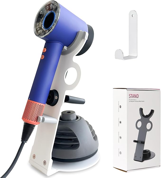 Hair Dryer Holder Stand for Dyson Hair Dryer, Upgraded Dyson Hair Dryer Holder Dyson Hair Dryer Stand White to Store 5 Dyson Hair Dryer Attachments with Cable Hook