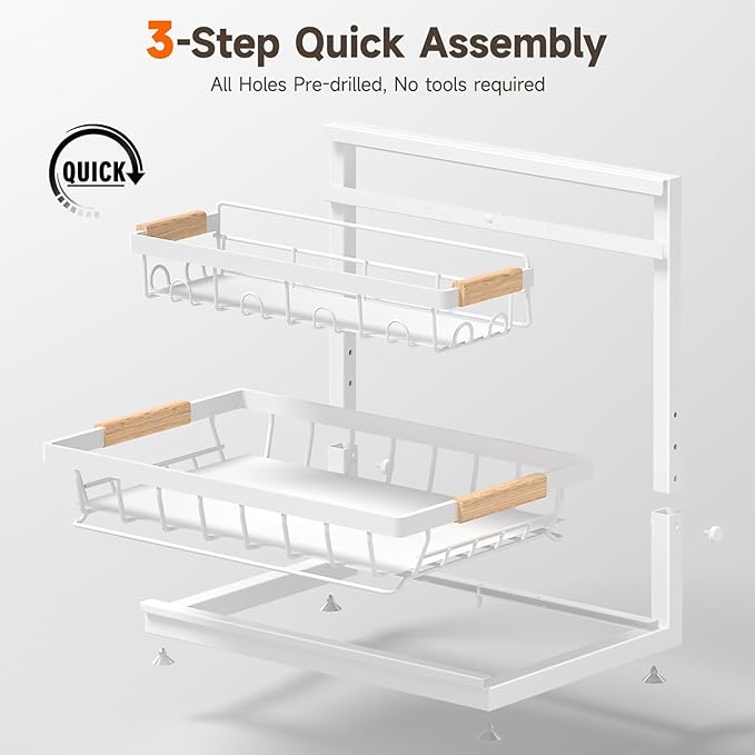 2 Packs Under Sink Organizer, Height Adjustable 2 Tier Under Kitchen sink organizer, Multi-Purpose Storage Shelf for Kitchen Bathroom Cabinet (White, Large)