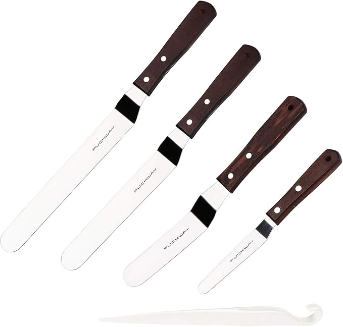 PUCKWAY 4PCS Cake Decorating Icing Spatula set with 4, 6, 8 & 10 Inch Stainless Steel Blade, Wood Handle Frosting Spatulas and Cake Stripping Tool (Straight Spatulas 4, 6, 8 & 10 Inch)