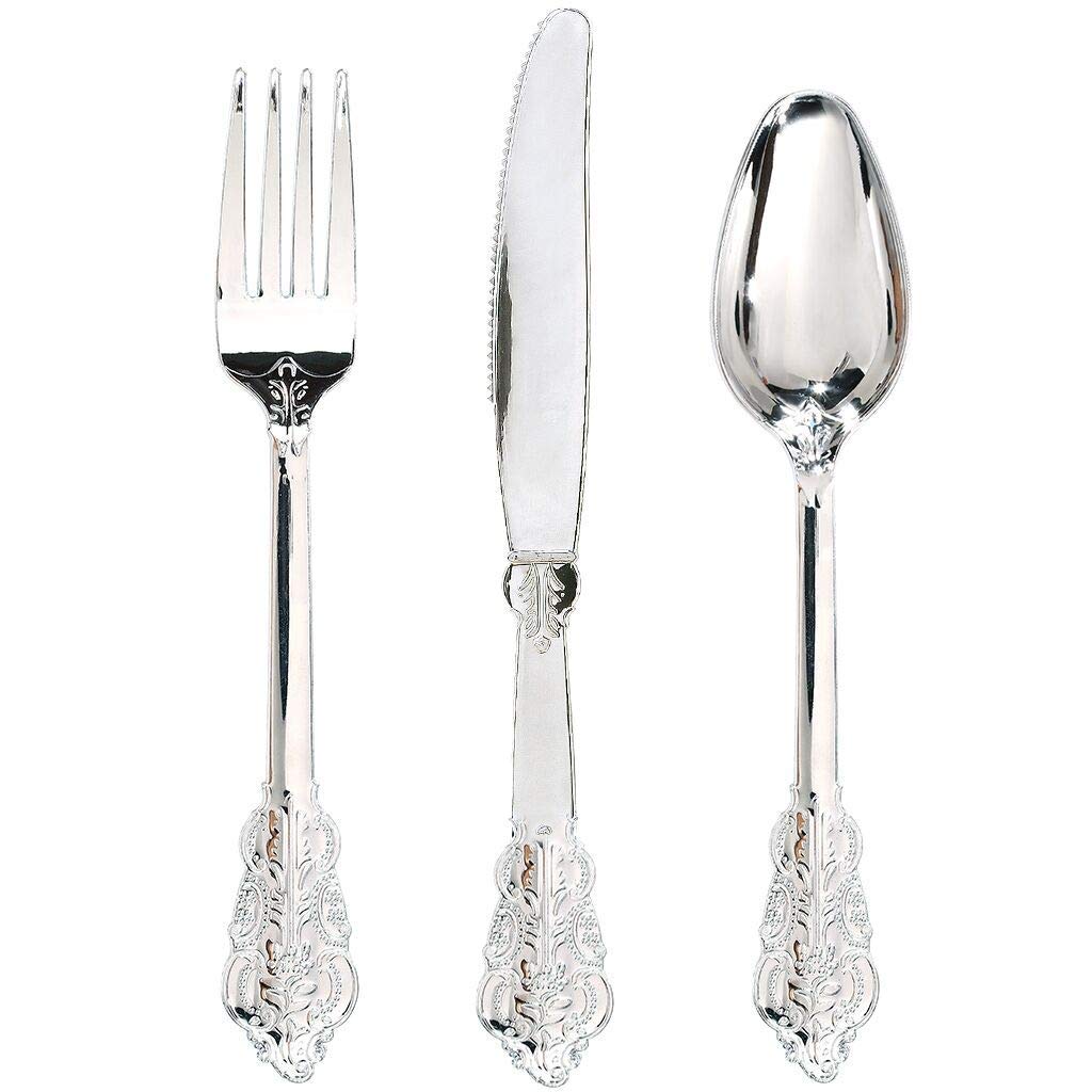WDF300 Pieces Gold Plastic Silverware - Heavy Duty Disposable Cutlery Set Plastic Gold Silverware Set Includes 100 Forks, 100 Spoons, 100 Knives for Party/Baby Shower/Wedding/Birthday