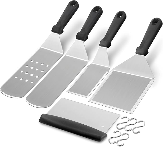 Metal Spatula Set of 5, HaSteeL Heavy Duty Griddle Accessories Kit, Durable Stainless Steel Burger Turner Flipper Scraper Tools for Flat Top Grill Teppanyaki Cast Iron, Indoor & Outdoor, Easy to Clean