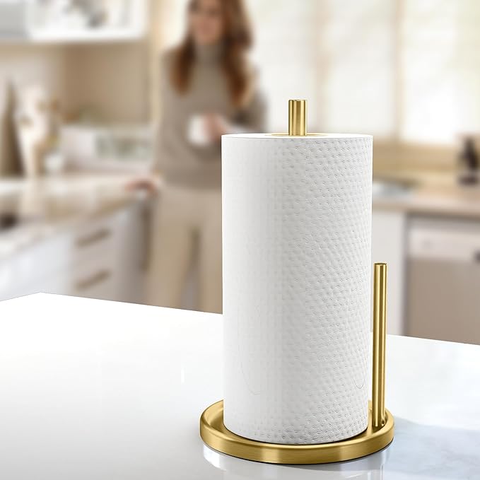 Paper Towel Holder Countertop, Gold Kitchen Paper Towels Holder, Paper Roll Holder with Weighted Base