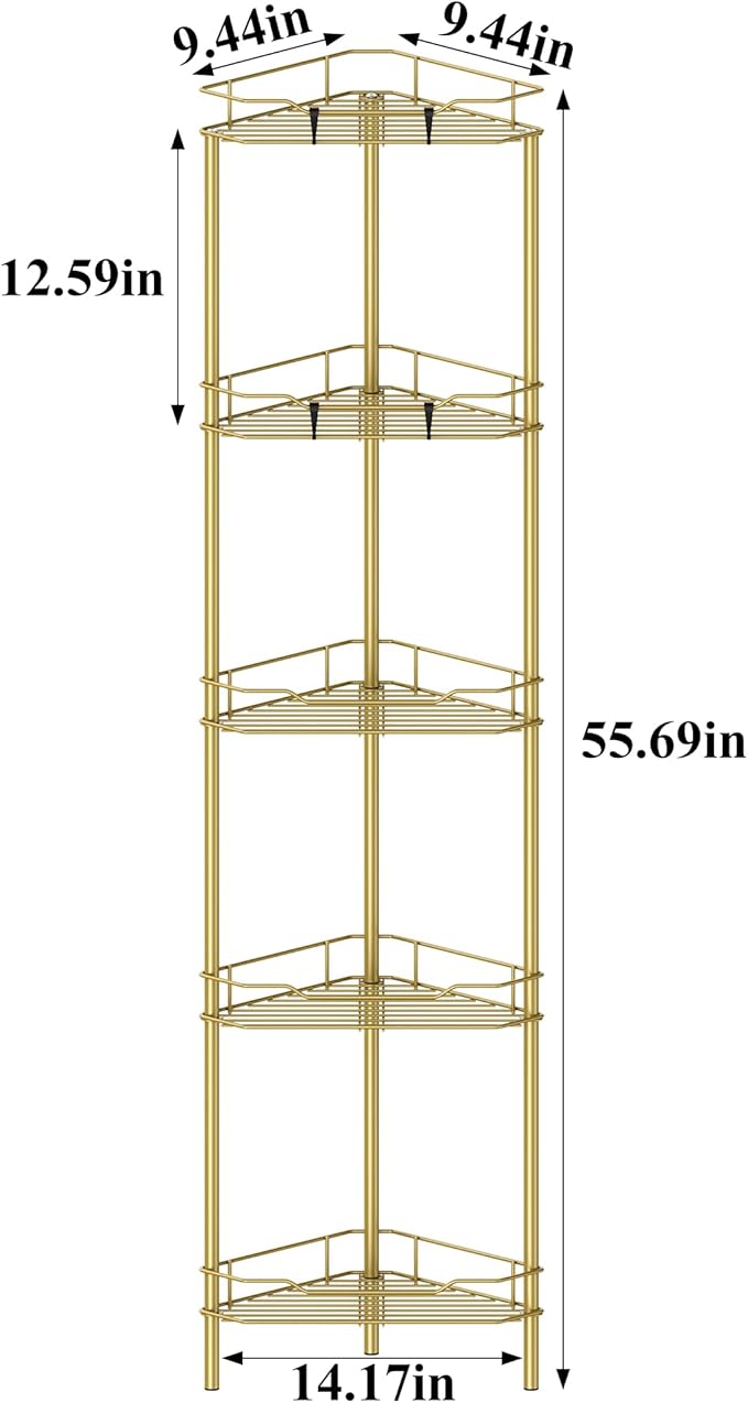 5 Tier Floor Standing Corner Shower Caddy Organizer Shelf with Hooks, Bathroom Shelves Stand Rack, Gold