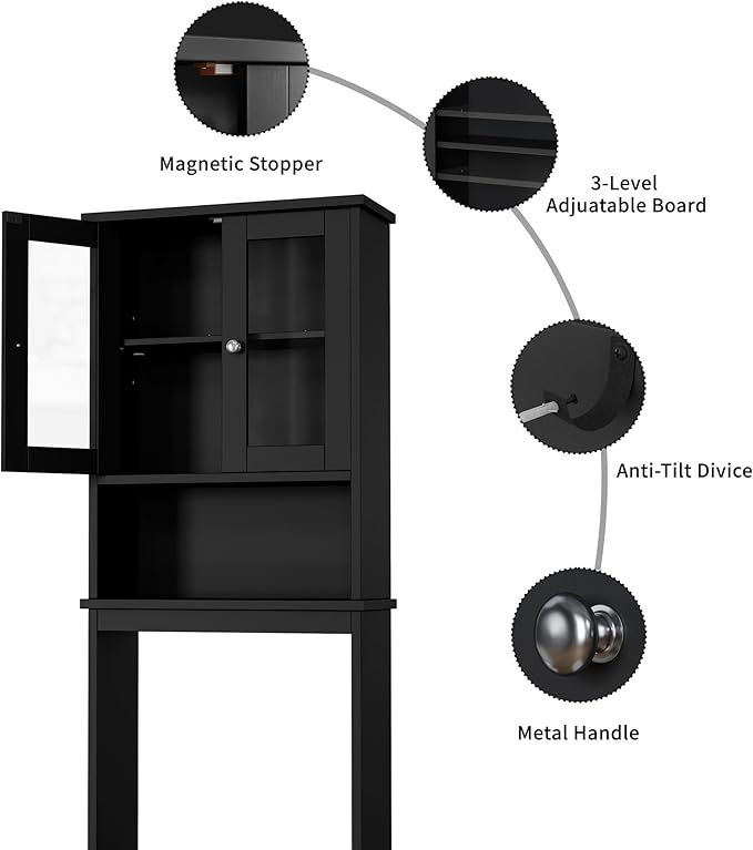 Shintenchi Over The Toilet Storage Cabinet, Bathroom Shelf Organizer with Anti-Tip Device Small Freestanding Space Saver with Adjustable Shelf and Glass Door, Black