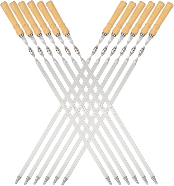FOWUTAS 23.6" Large Size Kabob Skewers Flat Metal BBQ Barbecue Skewer Wooden Handle Stainless Steel Shish Kabob Stick Wide Reusable Grilling Set Meat Shrimp Chicken Vegetable Kebab Fork Sausage-12PCS