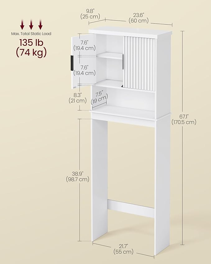 VASAGLE MAXE Collection - Over The Toilet Storage Cabinet, 23.6-Inch Wide Mid Century Modern Bathroom Organizer with Fluted Doors, Adjustable Shelf, Space-Saving, Cloud White UBTS028WB01S