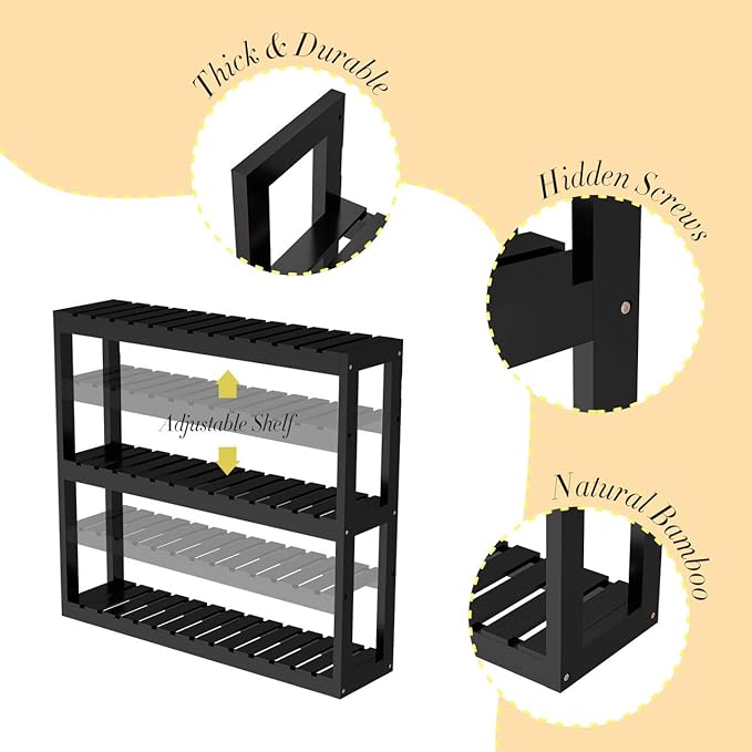 Domax Bamboo Bathroom Shelf 3-Tier Wall Mount Storage Rack Multifunctional Adjustable Layer Free Standing Over Toilet Utility Shelves Living Room Kitchen (Black)
