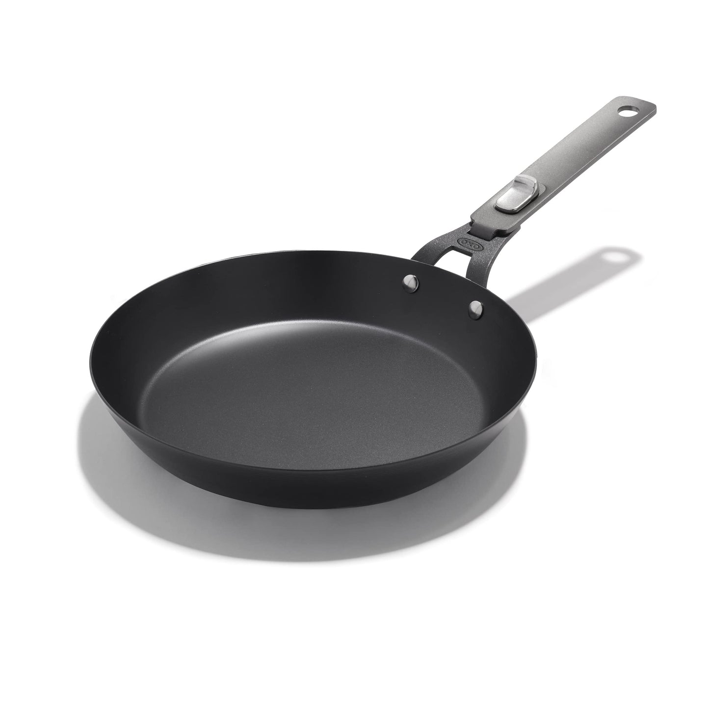 OXO Outdoor Pre-Seasoned Carbon Steel 10" Frying Pan Skillet, Detachable Handle for Easy Storage, Indoor Use, Nonstick with Use, Induction Suitable,Oven & Broiler Safe,Browning, Grill,Sear,Saute,Black