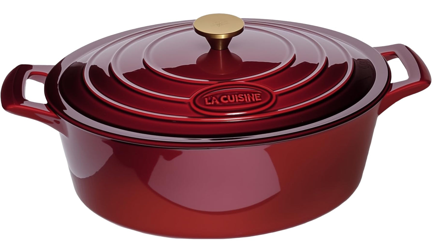 La Cuisine Enameled Cast Iron Dutch Oven Casserole Pot with Golden handle for Lid, Internal Matte Black Enamel Coating, 6.5 QT 11" / 28cm Ø, Oven-Safe 550°F/276°C, Cranberry