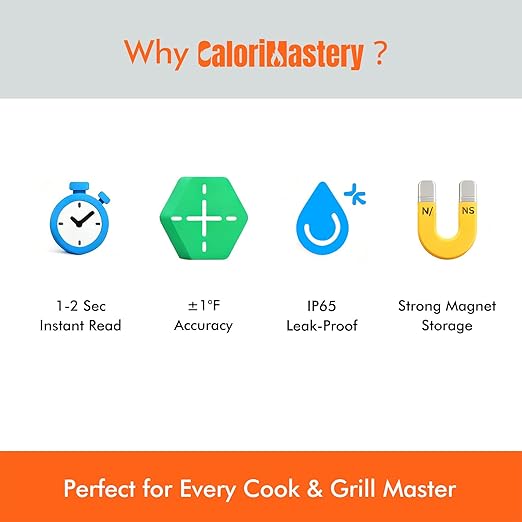CaloriMastery Meat Thermometer Digital with Backlight, Calibration & Hold Function, IP65 Waterproof Food Thermometer for Cooking, Outdoor Grilling, Candy Making