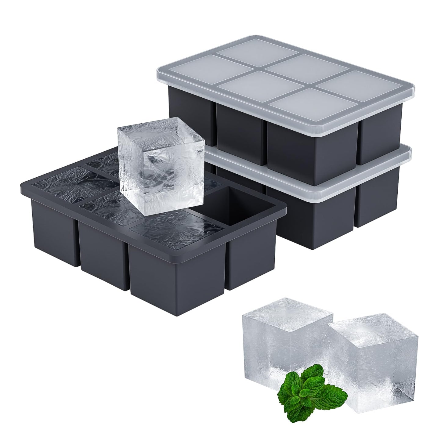 Large Ice Cube Tray for Whiskey 3 Pack, HANCELANT Big Silicone Square Ice Cube Mold with Removable Lid, 2'' Huge Square Ice Cubed Tray for Whisky and Cocktail(Blue+Green+Pink)