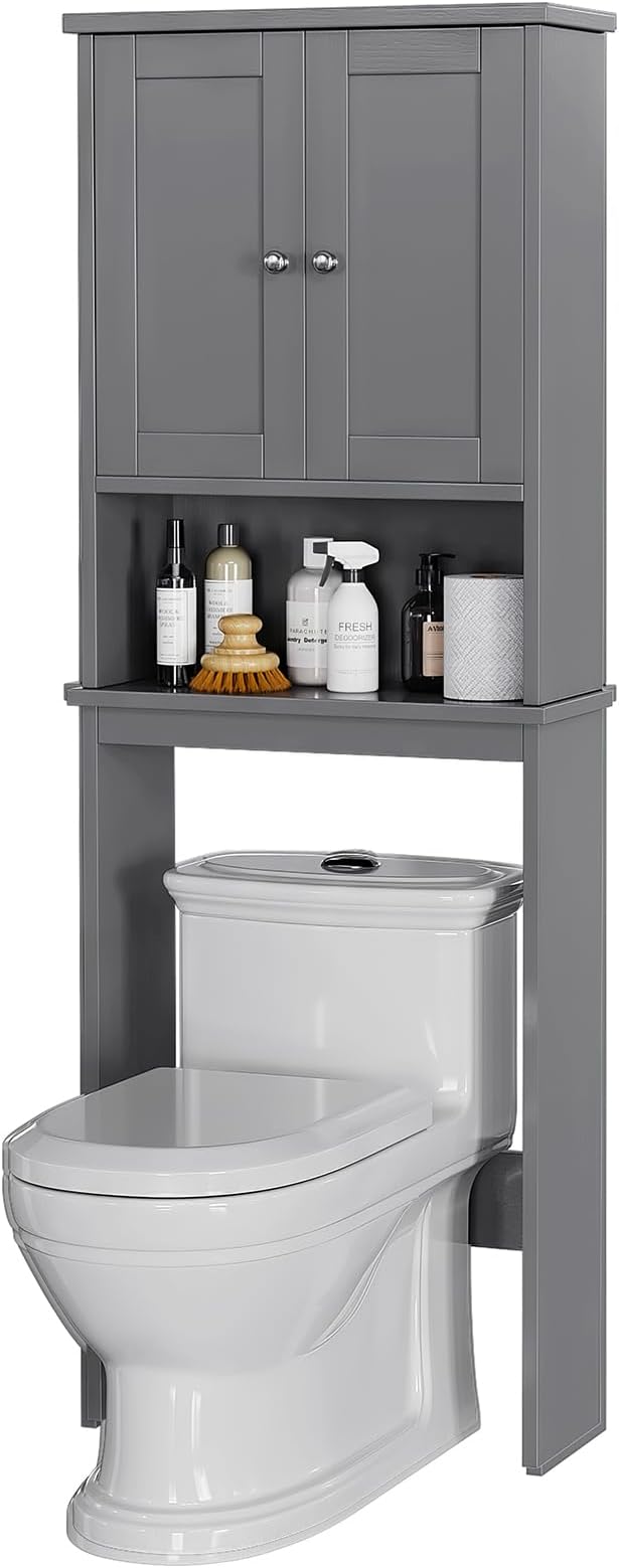 Meilocar Over The Toilet Storage Cabinet, Bathroom Storage Cabinet Over Toilet with 2 Wood Doors, Freestanding Space Saver, Adjustable Shelf & Open Shelf, Grey