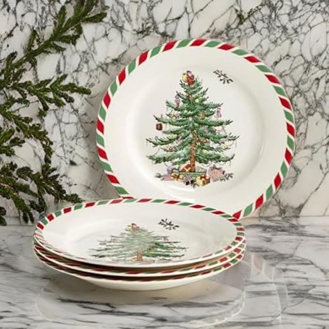 Spode Christmas Tree Candy Cane Appetizer Plates - Set of 4