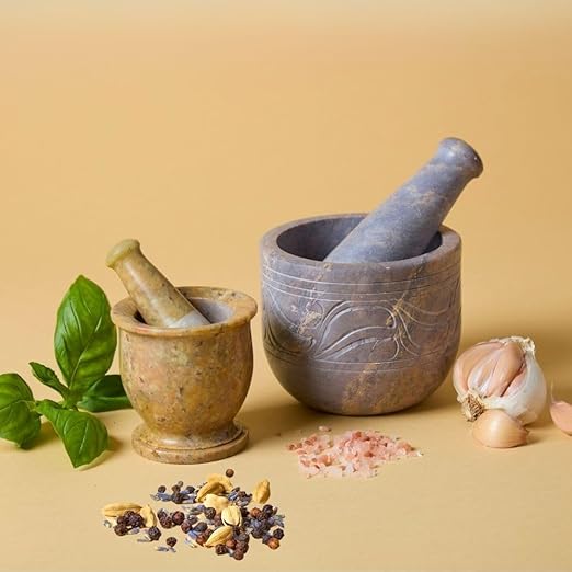 Stone Mortar and Pestle for Grinding Herbs and Spices, Made from Gray Soapstone, Small Size, 3 Inch Wide