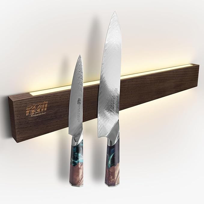 FINDKING 16 Inches Lighted Magnetic Knife Strip, Backlit LED Utensil Holder for Wall and Refrigerator, Magnet Knife Rack for Home Kitchen, No Drill (Ash Wood, Dark Brown)