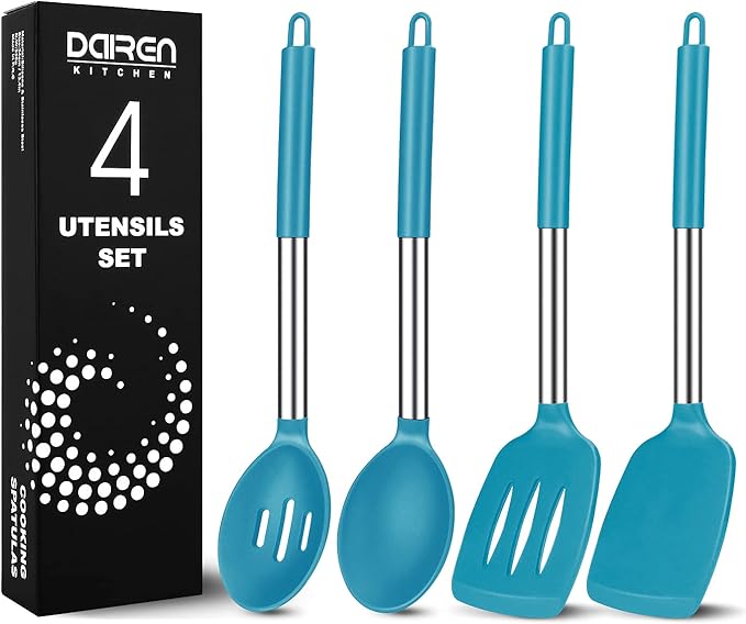 Silicone Cooking Spatulas and Spoons, Stainless Steel Kitchen Utensils Set