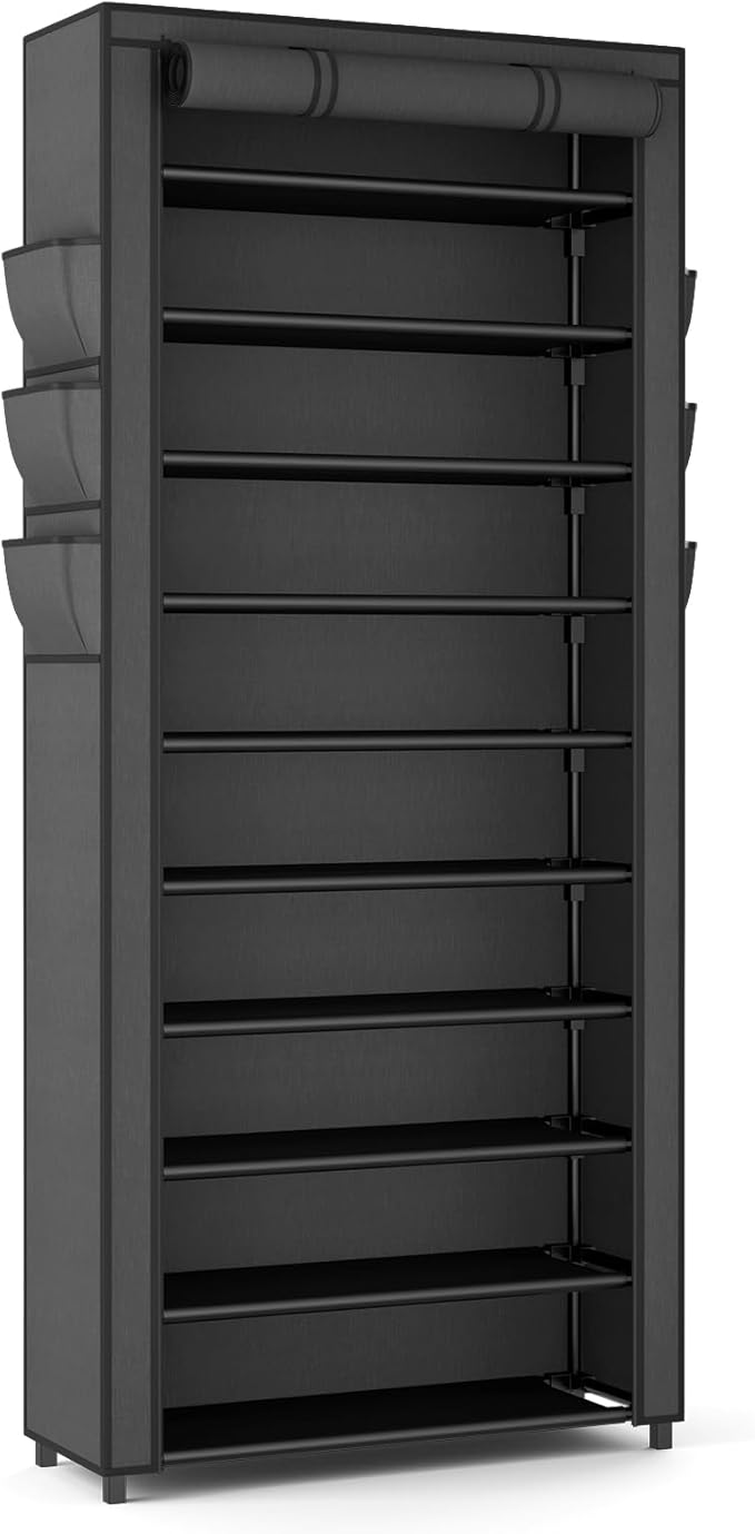 VTRIN Vertical Narrow Shoe Rack Organizer Tall Shoe Rack for Closet Entryway 10 Tier Non-Woven Cover Shoe Shelf Holds 36-41 Pairs Free Standing Shoe Storage Cabinet with Dustproof Cover, Black