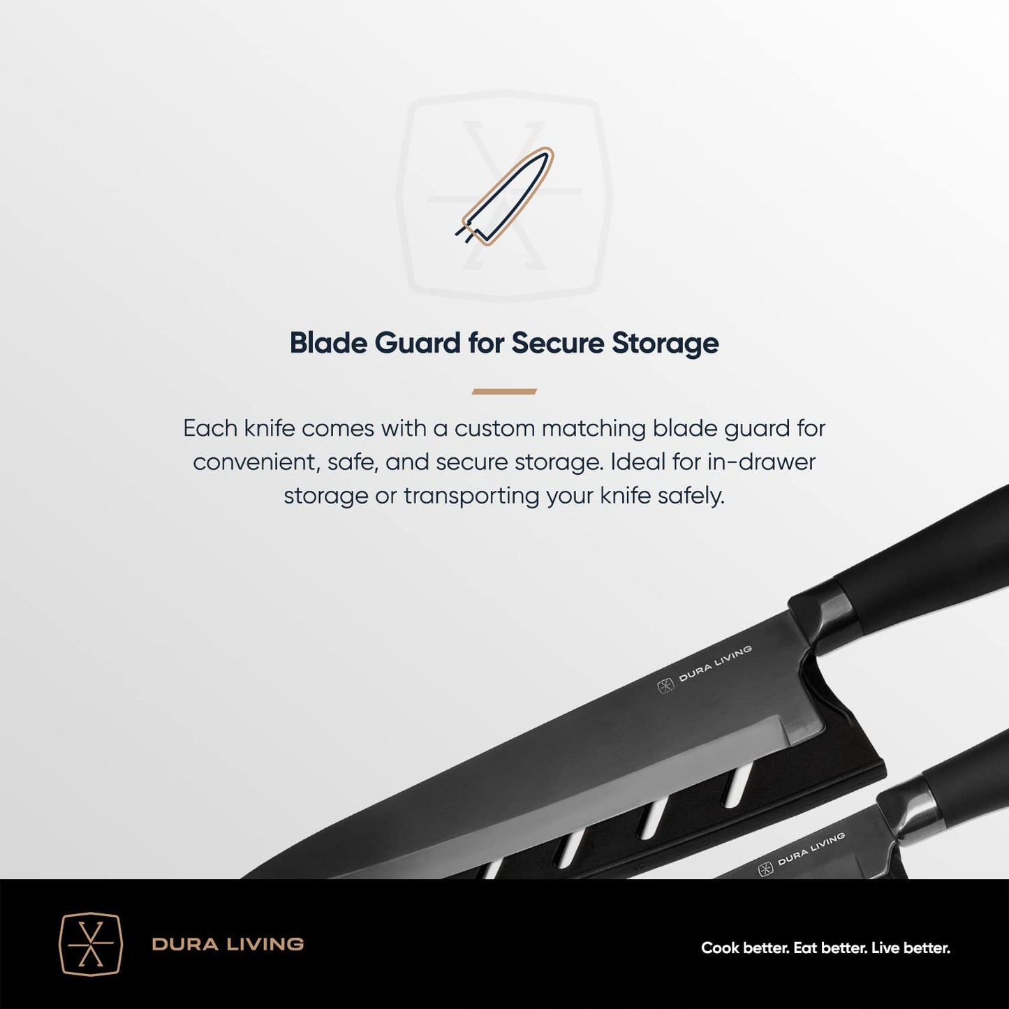 DURA LIVING Santoku Knife - 7 Inch Black Nonstick Titanium Plated Stainless Steel Ultra Sharp Blade, With Ergonomic Comfort Grip Handle Asian Chef's Knife, With Matching Sheath