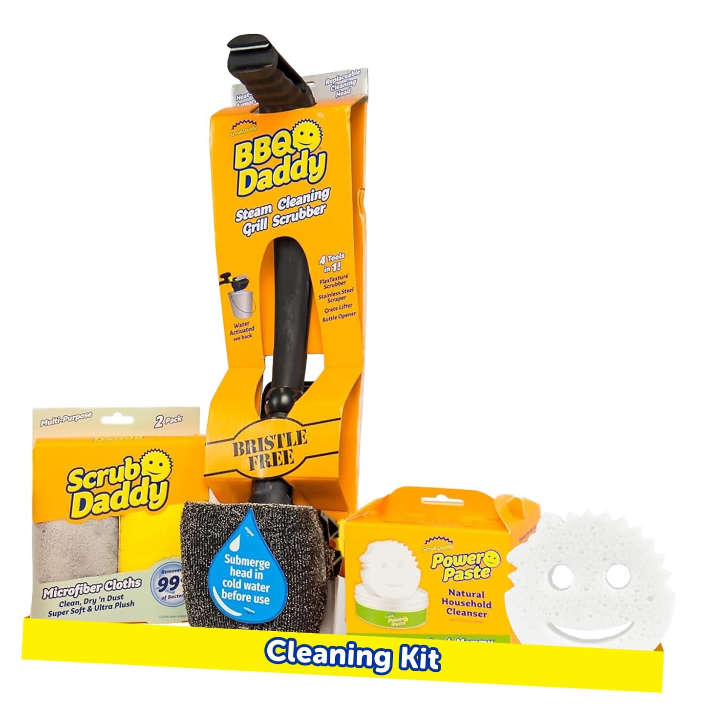 Scrub Daddy BBQ Daddy Grill Cleaner Kit - Bristle Free Grill Brush with Refill + 2 Steel Scour Daddy Grill Sponges - Built-in Grill Scraper - Temperature Controlled Grill Cleaning Tools (4 Count)