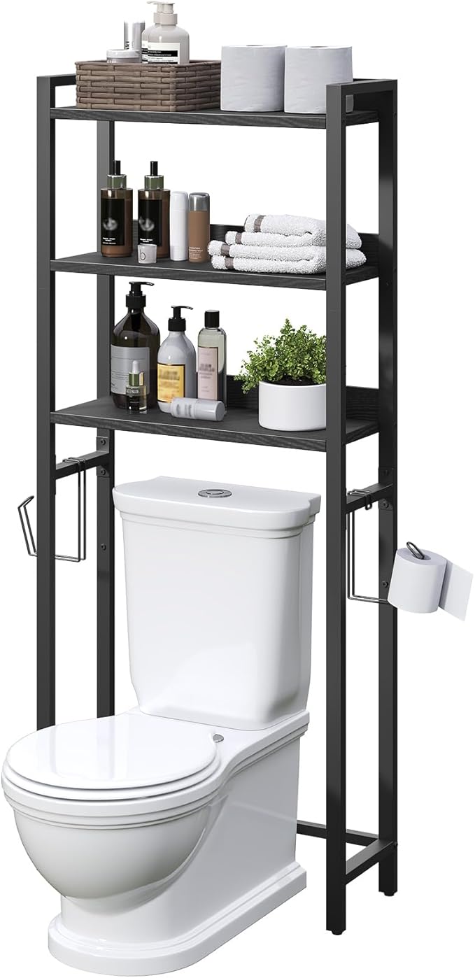 Over The Toilet Storage Rack, 3 Tier Bathroom Organizer Over Toilet, Freestanding Space Saver Toilet Stand with 2 Hooks, Bathroom Storage Shelf, Easy to Assemble, Black TSBK6001