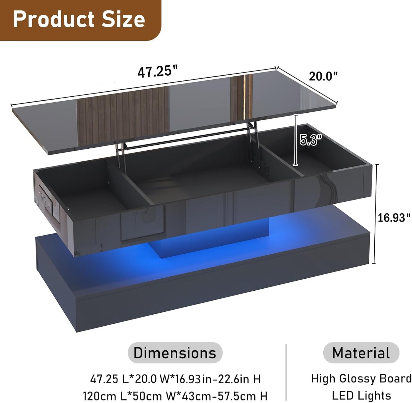 47.2" Large Lift Top Coffee Table,Modern High Glossy LED Coffee Tables for Living Room with Storage,Black Living Room Tables for Living Rooms,Dining Room,Bedroom Home Office,APP LED Lights(Black)