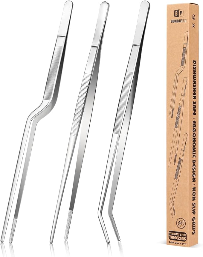 Fine Cooking Tweezers Set, Professional Stainless Steel Food Tongs, Kitchen Black Long Chef Tweezer for Cooking, Plating, Decorating and BBQ (BLACK, 10 inch)