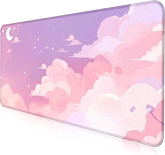 Cute Anime Cloud Desk Mat, Beautiful Pink Stitching Edge Non Slip Rubber Mouse