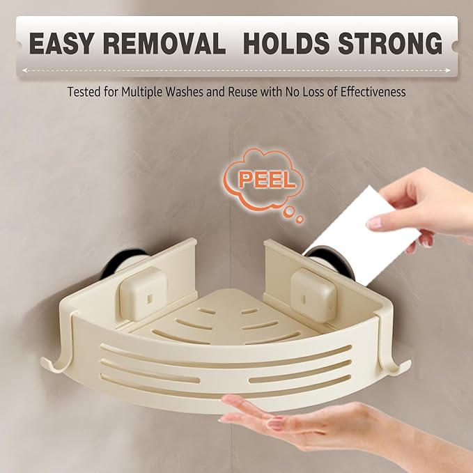 Conworld Corner Shower Caddy Suction Cups, Corner Shower Shelf With a Towel Bar, Shower Organizer Suction for Bathrooms Storage with Hooks, No-Drilling Removable (Aluminum, 2-Pack, Cream)