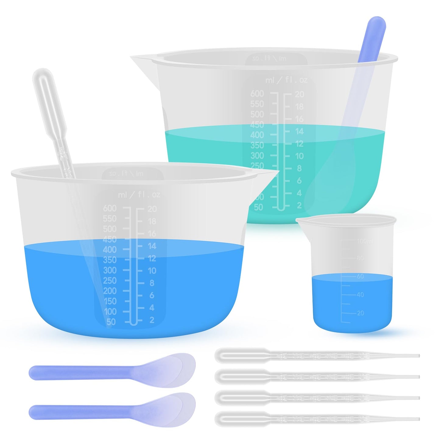 SWIGRANCE Silicone Resin Mixing Measuring Cups for Resin Supplies, 600ml/20oz Bowl, 250 & 100ml Thickened Reusable Silicone Cups for Epoxy Mixing, with Stir Sticks and Pipettes, Jewelry Making