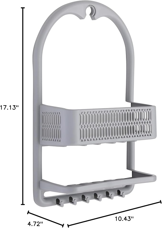 Bath Bliss Molded Shower Caddy | Bathroom Storage | Hangs Over Shower Head | 6 Accessory Hooks | Holds Razors | Washcloths | Accessories | Suction Cup Stability | Grey
