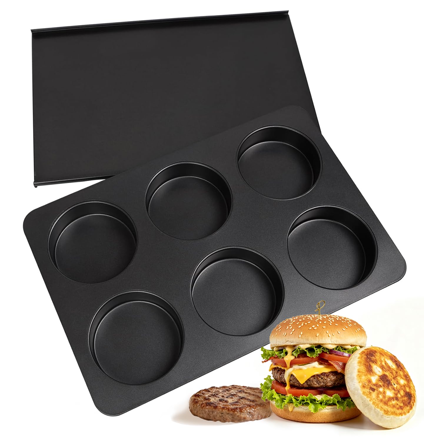Elesinsoz 6 Cup Straight Side Jumbo English Muffin Cupcake Pan with Lid, Nonstick Hamburger Burger Bun Mold Muffin Pan for Baking Egg Sandwich Frittata Cinnamon Roll Focaccia Quiche Pancake