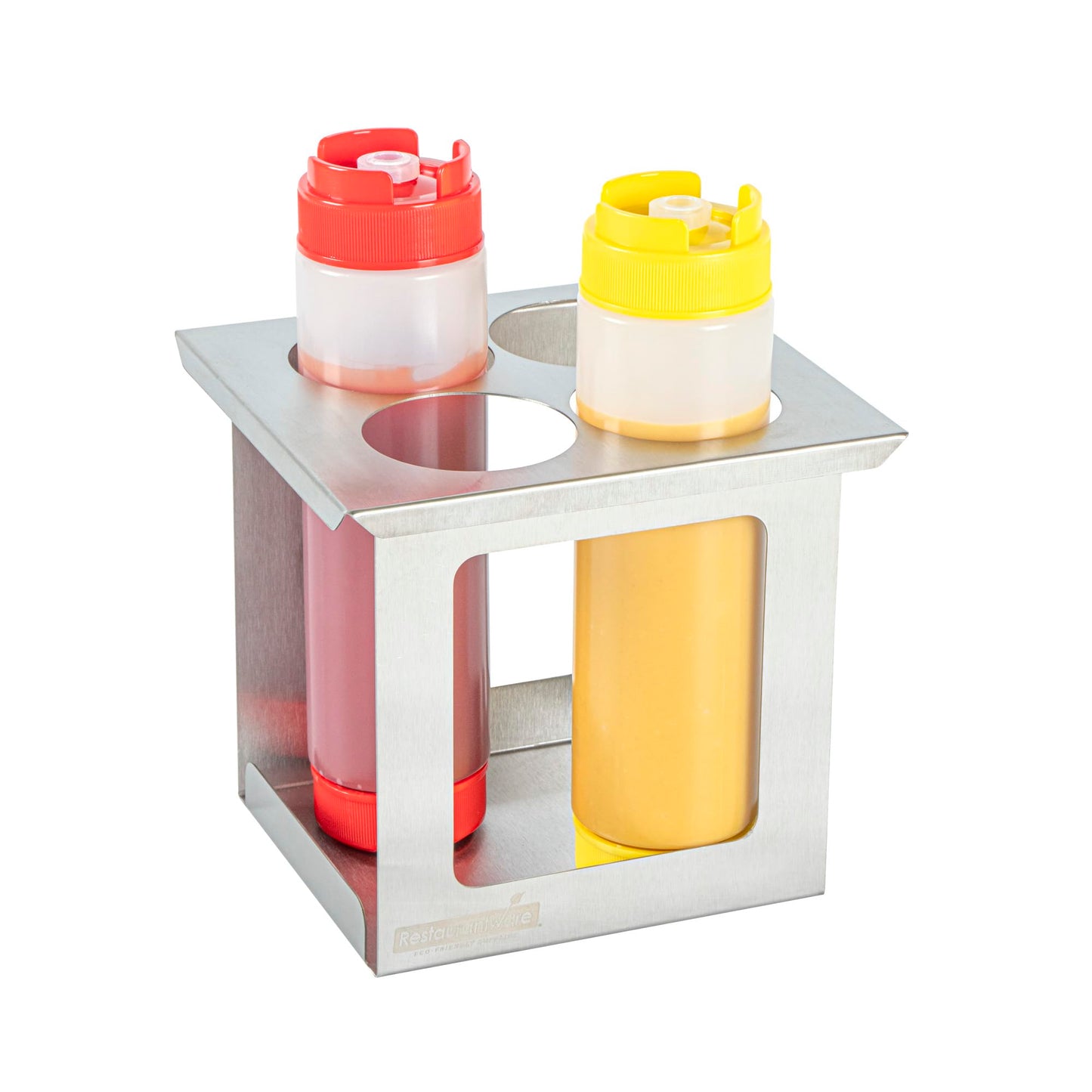 Restaurantware Squeeze Bottle Holder 1 Count 6.30 x 7.01 x 6.26 Inches Stainless Steel Condiment Organizer - Four-Hole Durable Kitchen Rack - Silver Prep Station Organizer
