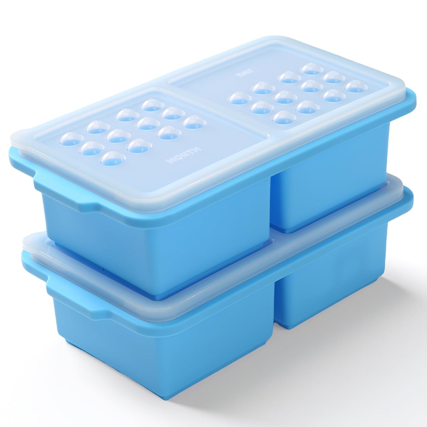 EuChoiz 2 Pack Silicone Freezer Tray Cubes 2 Cup with Date Mark Lids for Freezing Food Leftovers Sauces Portion and Lasagna Broth, Soup Freezer Molds for Meal Prepping Thick Enough