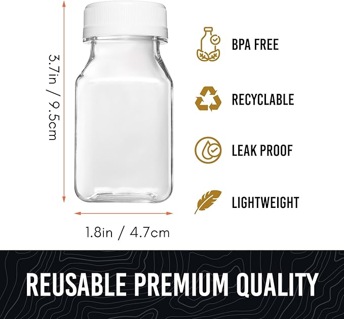Norcalway 4 Oz Small Plastic Bottles with Black Caps for Liquids - Ginger Shot Lids, Wellness Juice Freezer Safe, Leak Proof, Food Grade 4 Oz 6 Pack, white