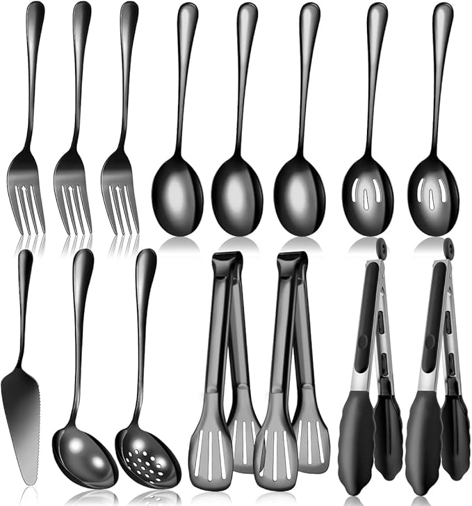 Rainbow Serving Utensils Set Stainless Steel, 15pcs Large Metal Serveware Serving Spoons, Slotted Spoons, Forks, Tongs, Soup and Skimmer Spoon, Cake Server for Partie, Buffet, Catering, Entertaining