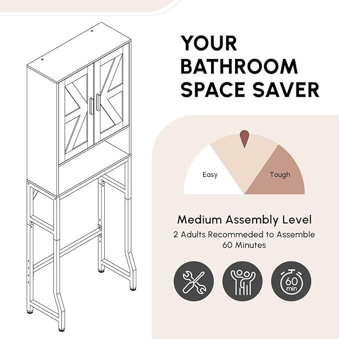 USHOWER Over The Toilet Storage Cabinet, Bathroom Organizers and Storage with Barn Doors, Thicken Metal Stand & MDF Wood Above Toilet Storage Cabinet, Freestanding Space Saver, Black