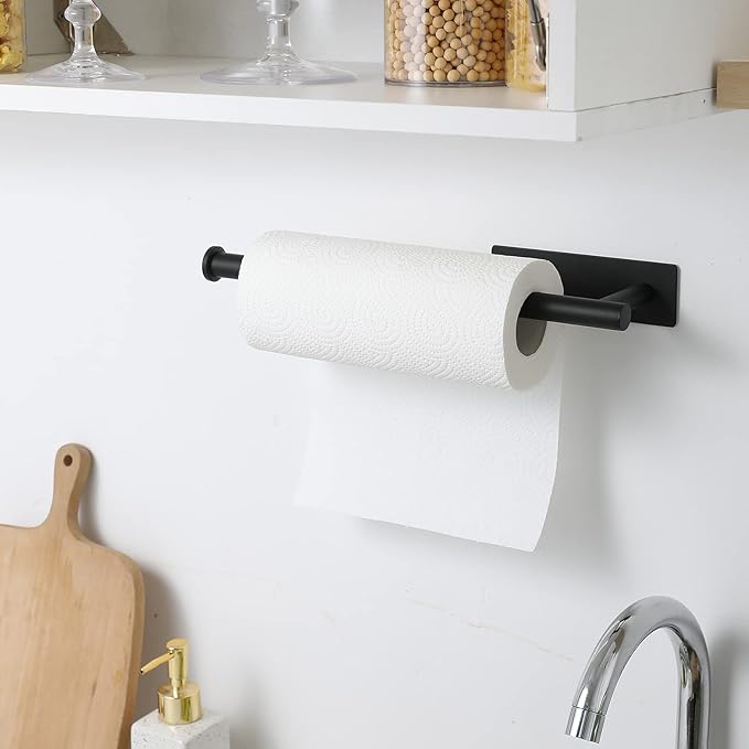 theaoo 2 Packs Paper Towel Holder - Under Cabinet Paper Towel Holder for Kitchen, Adhesive Paper Towel Roll Rack for Bathroom Towel, Wall Mounted Matte Black Paper Towel Rack, SUS304 Stainless Steel