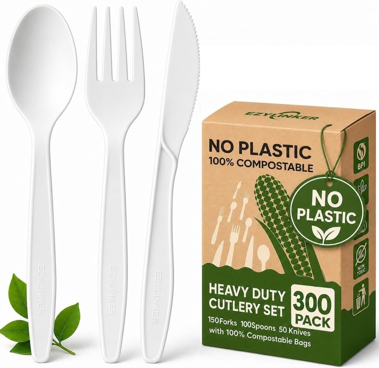 EZYLINKER 300-Count Compostable Forks - Eco-friendly, Heavy Duty BPI Certified, Plastic-Free Disposable Forks Set for BBQ, Camping, Events - Plant-Based No Plastic Forks Set