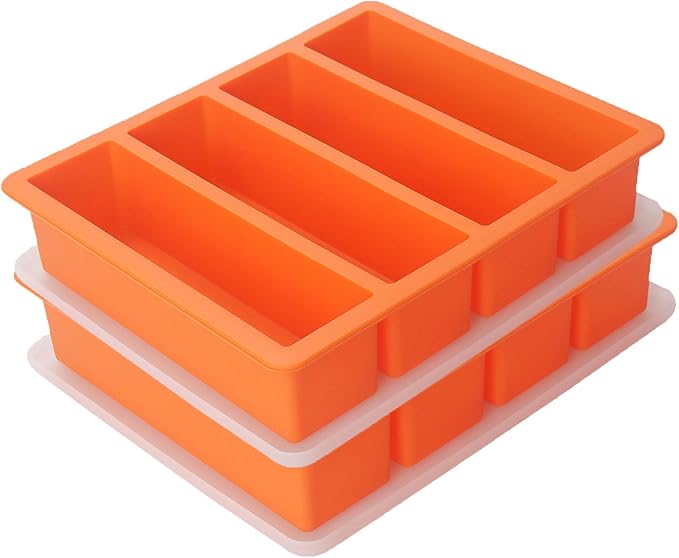 Large and Long Ice Cube Tray 4 Pack Silicone Freezing Container Sticks with Lid for Whiskey, Water Bottle, Food Leftovers and Baking(Orange)