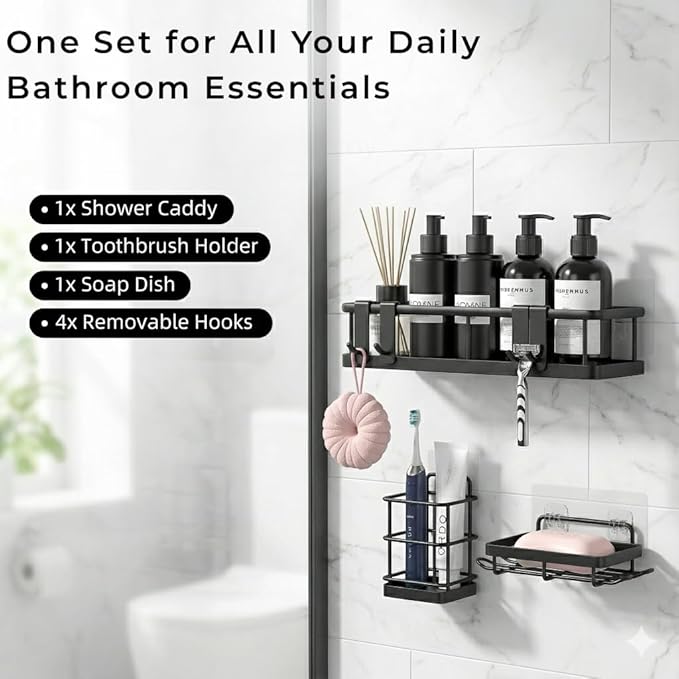 3-Pack Shower Caddy, Rustproof Iron Bathroom Shelves, No-Drill Shower Organizer Set with Soap Tray, Toothbrush Holder & 4 Hooks, Bathroom Organizer for Home/Dorm/Apartment (Black)