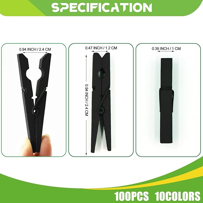 100 Pack Wooden Clothespins for Crafts, Colored Clothes Pins for Hanging Pictures Clothing Classroom, 2.9 Inch, Black