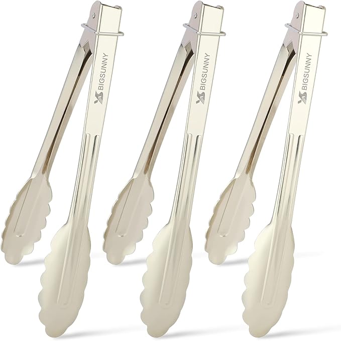 MSY BIGSUNNY 9 Inch Kitchen Food Tongs for Cooking and Serving- Aluminum - Set of 3 (gold-plated)