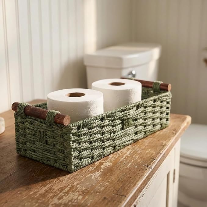 Back of Toilet Basket, Green Wicker Toilet Tank Basket for Toilet Paper Storage (Holds 2 Rolls), Handwoven Paper Rope Bathroom Basket Organizer with Wooden Handles, Basket for Top of Toilet Tank