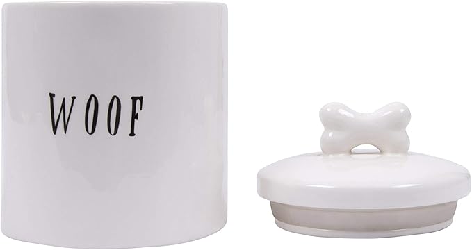 Creative Co-Op Ceramic Dog Treat Jar with Woof Message and Bone Handle Lid, White and Black