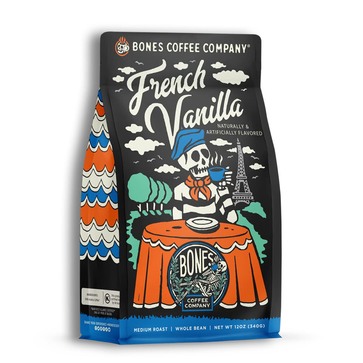 Bones Coffee Company Jamaican Me Crazy, Vanilla Caramel Flavored Coffee, Medium Roast Low Acid Arabica Beans Compatible with Auto drip and French Press Coffee Maker, 12 Oz Whole Bean