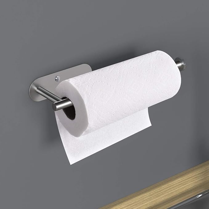 VAEHOLD Adhesive Paper Towel Holder Under Cabinet Mount, Wall Mounted Paper Towel Roll Holder for Kitchen Paper Towel, Stainless Steel(Silvery)