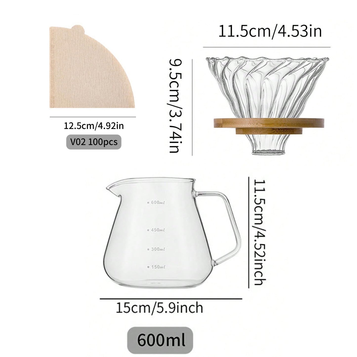 shoxil Pour Over Coffee Maker Set – Drip Coffee Pot with bamboo Handle, Glass Coffee Dripper & 100 Filters, 20oz/600ml Capacity