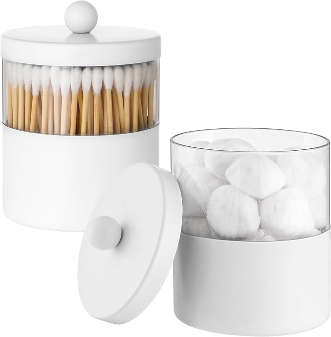 Gaussra White Apothecary Jars, White Qtip Holder - Stainless Steel Bathroom Jar with Stickers - Farmhouse Decor Qtip Dispenser for Qtips, Cotton Balls, Swabs, Makeup Sponges (2-Pack)