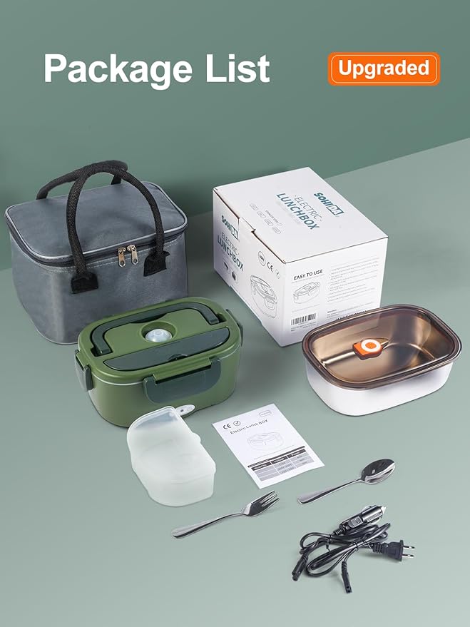 2025 Upgraded 80W Heated Lunch Box with Insulated Bag, 1.5L SS Container with Lid & 0.45L Fruit Box Electric Lunch Box for Adults, 12V/24V/110V Portable Food Warmer for Home/Car/Truck (Green)